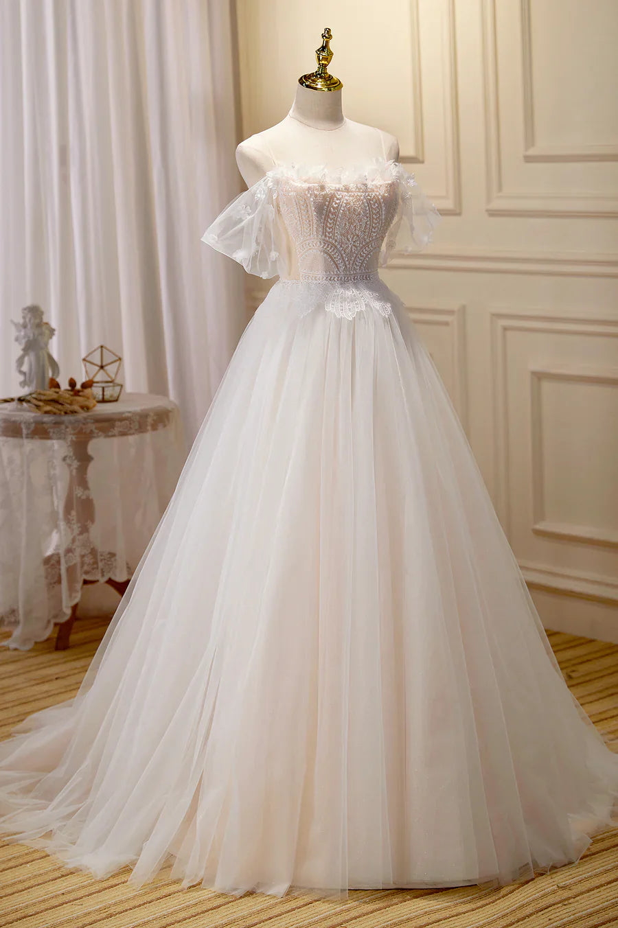Champagne Lace Long A-line Prom Dress, Off the Shoulder Evening Dress TP948
