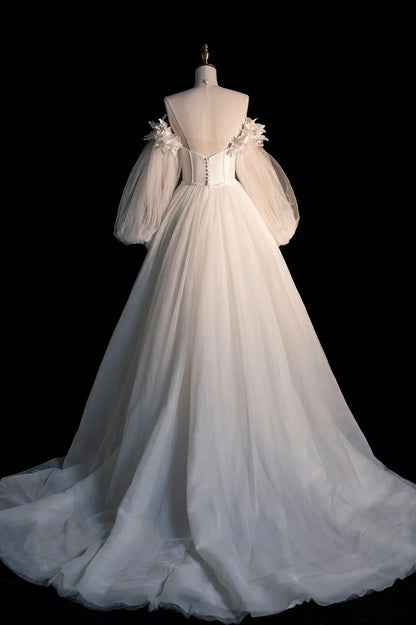 Champagne Tulle Long Sleeve Prom Dress, Off the Shoulder Evening Dress TP949