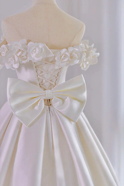 White Satin Long Ball Gown, A-Line Flower Wedding Gown with Bow TP952