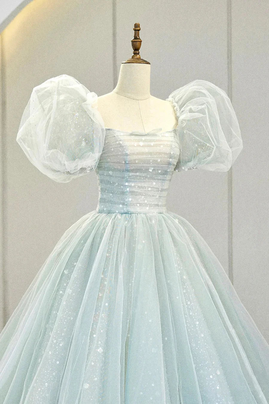 Lovely Puff Sleeve Tulle Formal Evening Gown, A-Line Long Prom Dress TP955