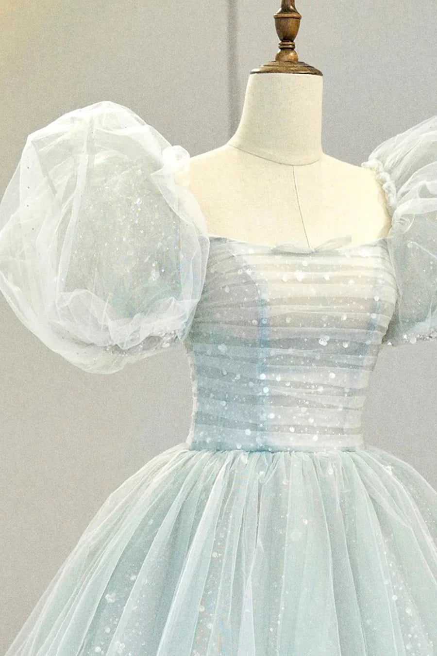 Lovely Puff Sleeve Tulle Formal Evening Gown, A-Line Long Prom Dress TP955