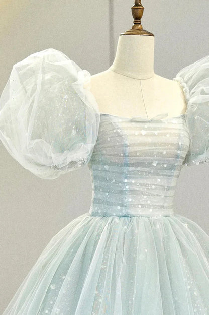 Lovely Puff Sleeve Tulle Formal Evening Gown, A-Line Long Prom Dress TP955