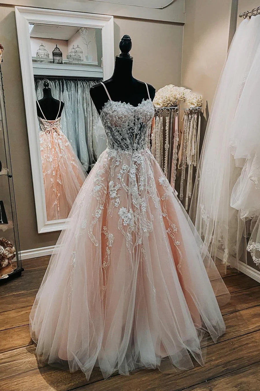 Pink Sweetheart Neck Lace Long Prom Dresses, A-Line Formal Dresses TP959