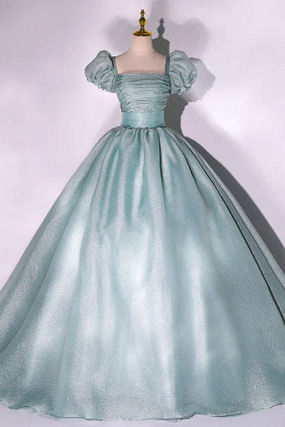 Green Tulle Floor Length Prom Dress, Lovely Short Sleeve Formal Evening Gown TP962