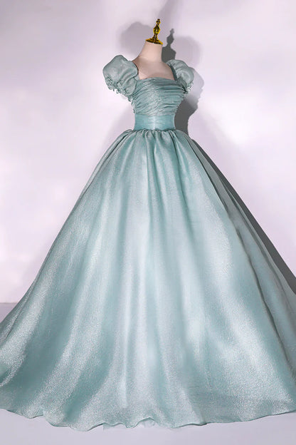 Green Tulle Floor Length Prom Dress, Lovely Short Sleeve Formal Evening Gown TP962