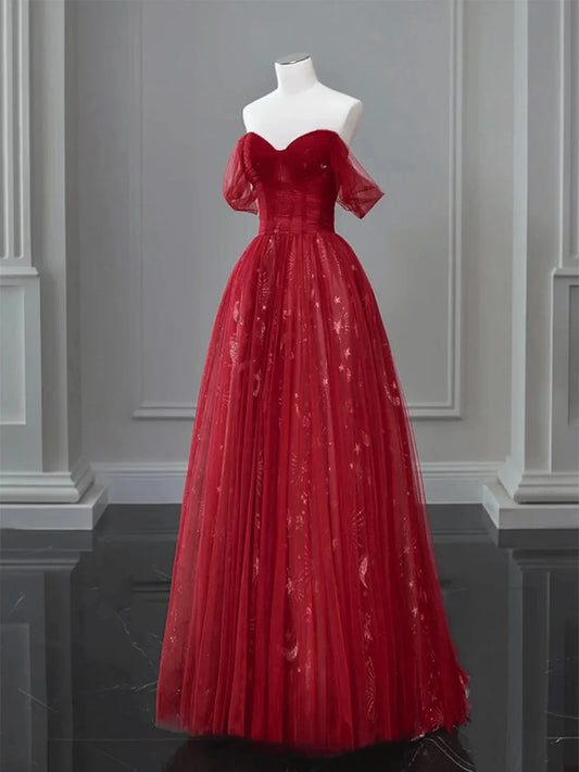 Wine Red A-line Tulle Sweetheart Floor Length Party Dress, Wine Red Tulle Prom Dress TP968