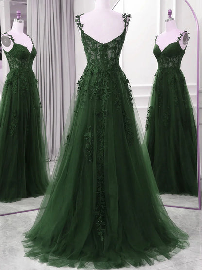 Green A-line Tulle with Lace Straps Floor Length Party Dress, Green Tulle Prom Dress TP972