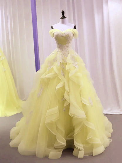 Yellow Tulle with Lace Sweetheart Long Formal Dress, Yellow Tulle Prom Dress TP978