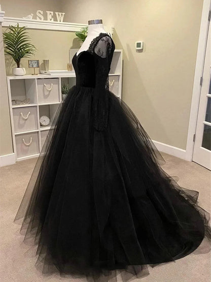 Black A-line Long Lace Sleeves Tulle Formal Dress, Black Prom Dress Party Dress TP982