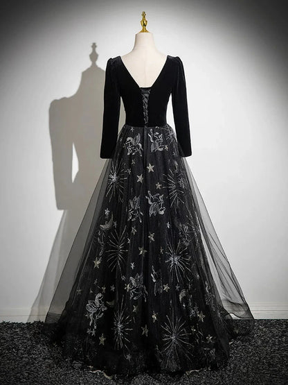 Black Long Sleeves Velet and Tulle Party Dress, Black Sweetheart Prom Dress TP989