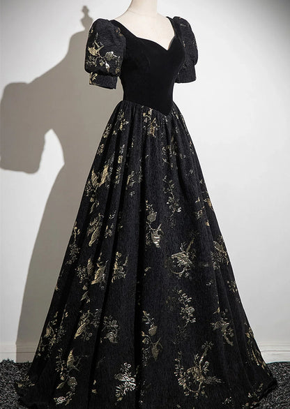 Black A-line Short Sleeves Sweetheart Floral Long PartY Dress, Black Prom Dress TP991