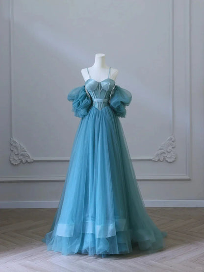 Chic Blue Sweetheart Straps Off Shoulder Tulle Formal Dress, Blue Prom Dress TP994