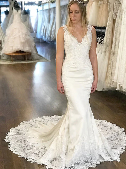 Mermaid Deep-V Chapel Train Satin Appliqued Wedding Dresses Sleeveless Elegant Wholesale
