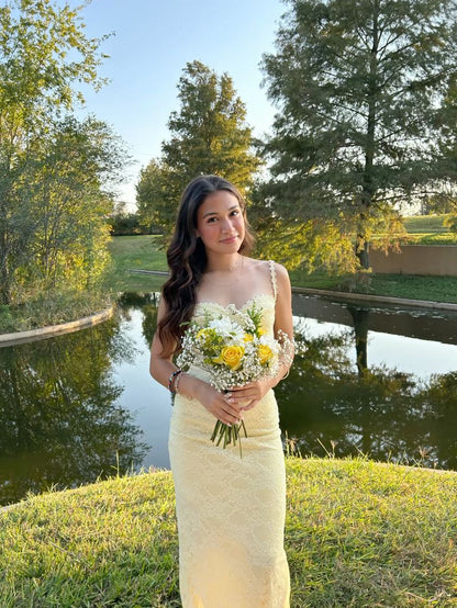 Pastel Yellow Mermaid Prom Dress,Luxury Lace Evening Dresses