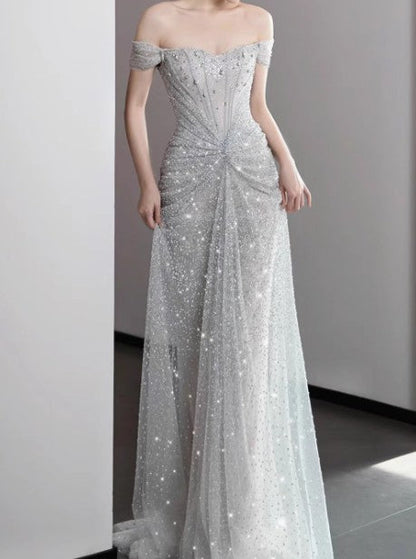 Mermaid Gownse??? Off The Shoulder Tulle Sequins Long Prom Dresses For Prom Events &Quinceanera