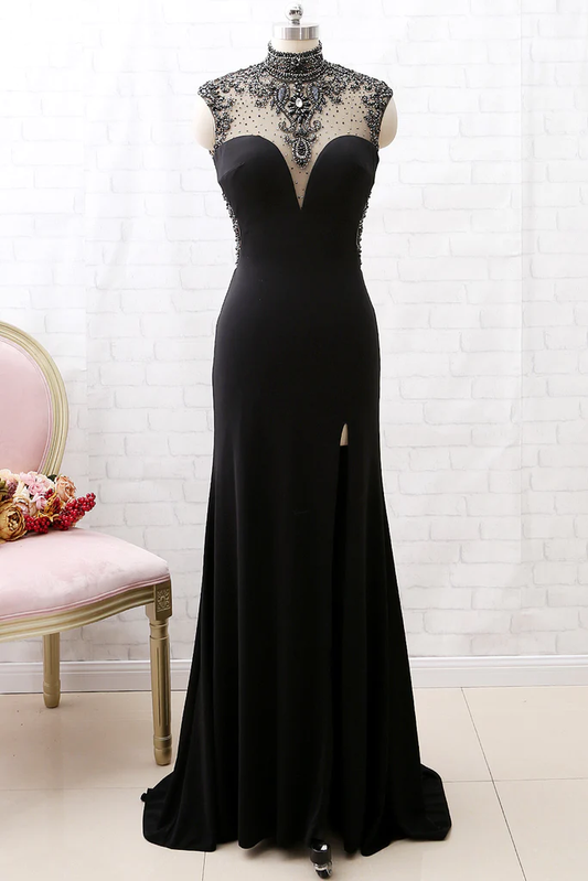Mermaid High Neck Beaded Jersey Black Prom Gowns With Slit