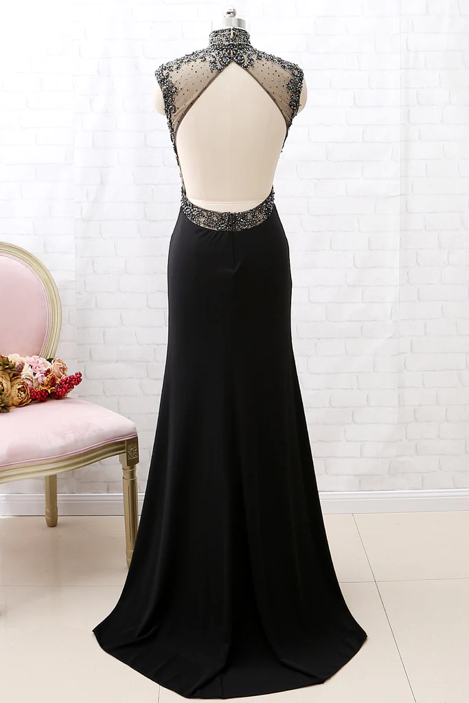 Mermaid High Neck Beaded Jersey Black Prom Gowns With Slit
