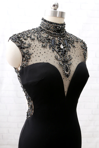 Mermaid High Neck Beaded Jersey Black Prom Gowns With Slit