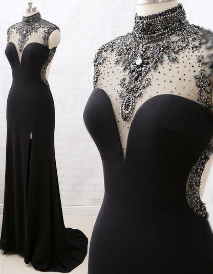 Mermaid High Neck Beaded Jersey Black Prom Gowns With Slit
