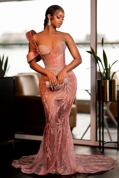 Vintage Pink Mermaid Prom Dress Sparkling Beaded Evening Gown One-shoulder Party Dress Long Formal Dress TP4856
