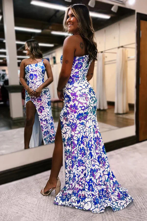 omberprom Mermaid Evening Dress One Shoulder Sequin Appliques Long Prom Dresses with Slit