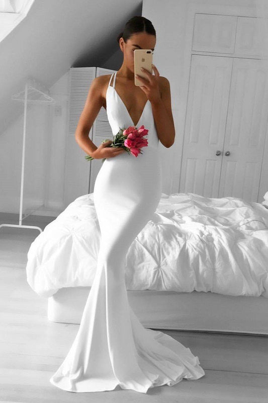 Mermaid Style White Prom Dresses with Deep V-neckline