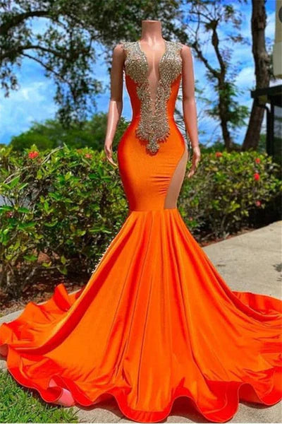 Vintage Burnt Orange Glittering Beaded Prom Dress Evening Gown Mermaid Party Dress Long Formal Dress TP4860