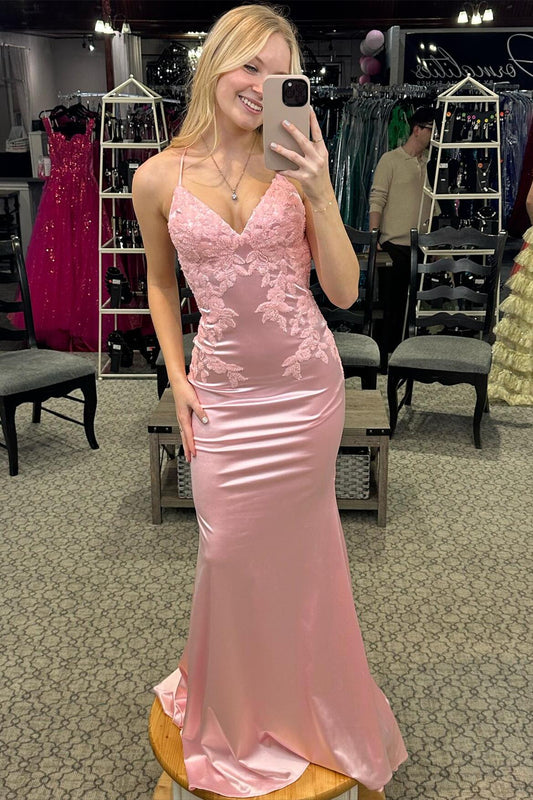 Unique Straps Pink Appliques Mermaid Formal Dress