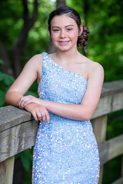 One Shoulder Sequin Backless Mini Homecoming Dress Light Blue Short Prom Dresses