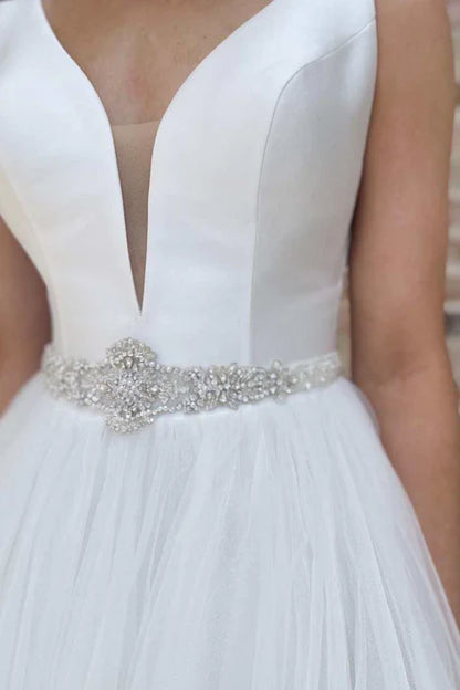 omberprom Elegant V-Neck A-Line Long Wedding Dress with Sashes