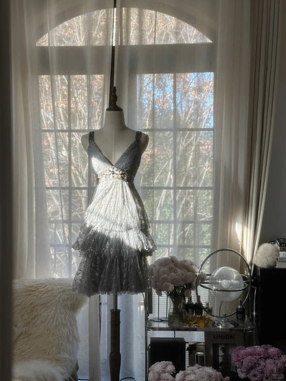 Chic Gray Beading Appliques A-line V-neck Tiered Party Dresses Homecoming Dresses, TP3783