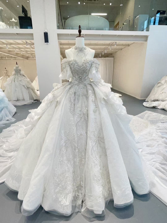 Gorgeous Beading Ruffled Tulle Off-Shoulder Wedding Dress Sparkling Fairytale Wedding Gown TP5073