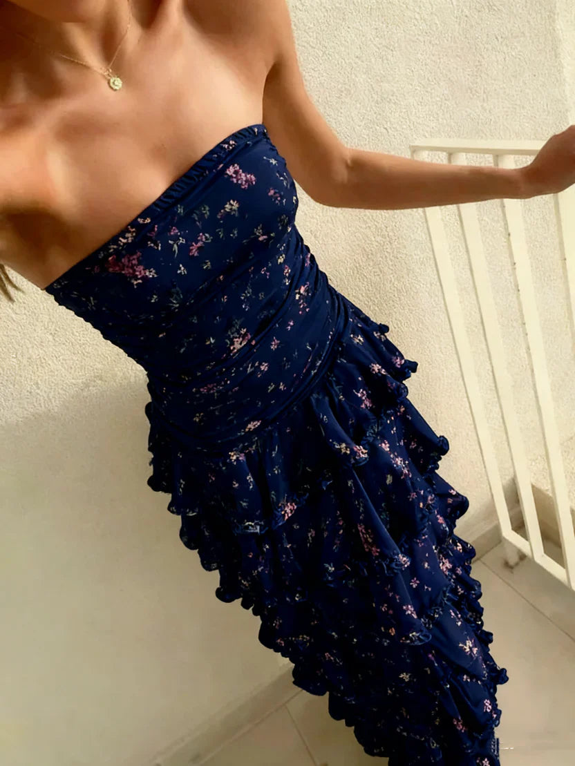 Modest Sheath Strapless Yellow Chiffon Floral Long Prom Dresses Party Dress 22Th Birthday Outfits Graduation Dress,AST2289