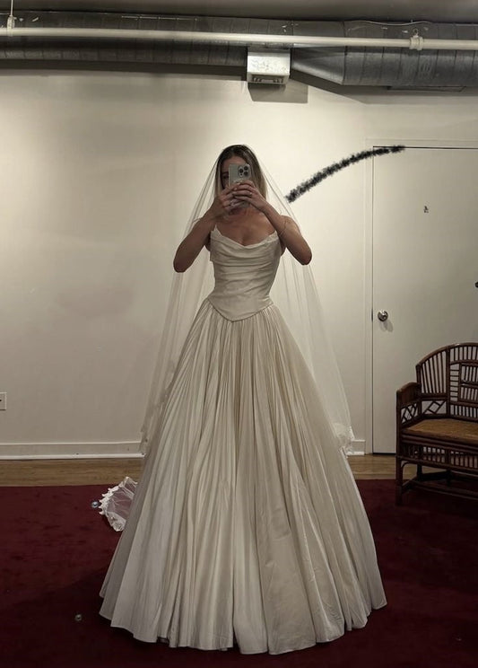 Modest Wedding Dress Ball Gowns Strapless White Satin Long Wedding Dress Brides Dresses Bridal Gown