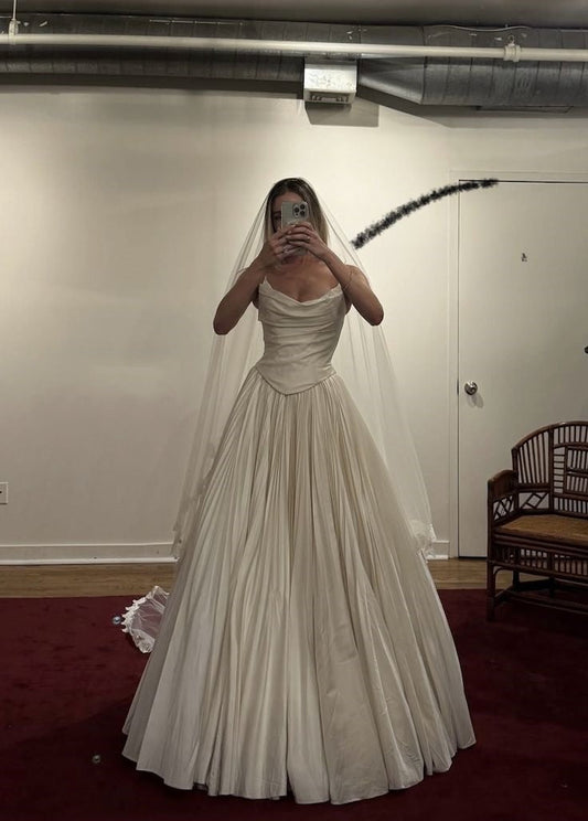 Modest Wedding Dress Ball Gowns Strapless White Satin Long Wedding Dress Brides Dresses Bridal Gown