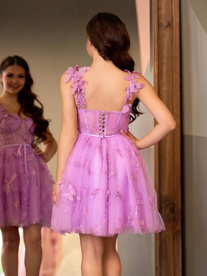 omberprom A Line Short Prom Dress Graduation Dresses Tulle Homecoming Dress with Butterflies