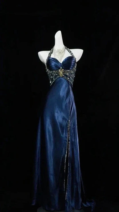 Navy Blue Halter Beaded Prom Dress Long Evening Dress,AST2285