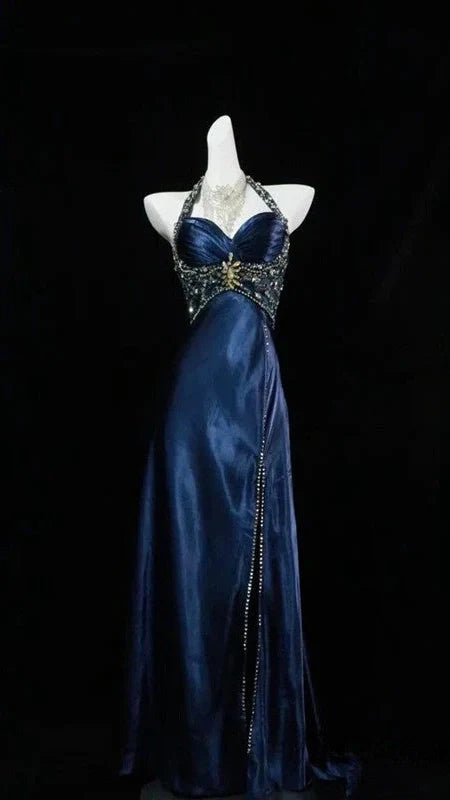 Navy Blue Halter Beaded Prom Dress Long Evening Dress,AST2285