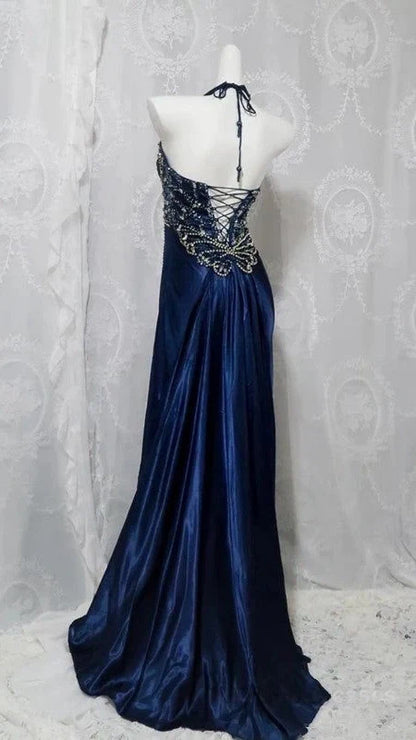 Navy Blue Halter Beaded Prom Dress Long Evening Dress,AST2285