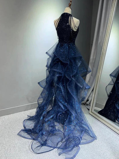 Best Sequin Evening Gowns Formal Weddings Navy Blue Prom Dresses