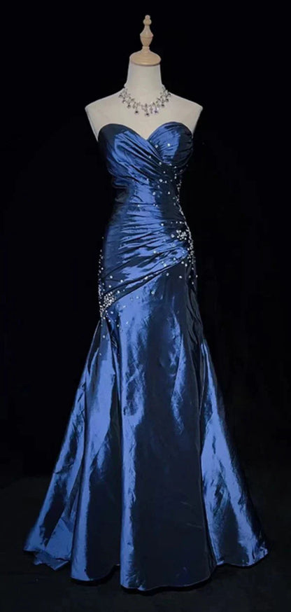 Blue Vintage Fashion Exquisite Beading Long Satin Floor Length Ball Gowns Prom Dresses