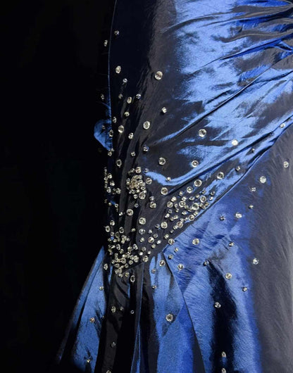 Blue Vintage Fashion Exquisite Beading Long Satin Floor Length Ball Gowns Prom Dresses