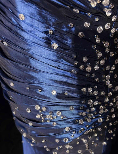 Blue Vintage Fashion Exquisite Beading Long Satin Floor Length Ball Gowns Prom Dresses