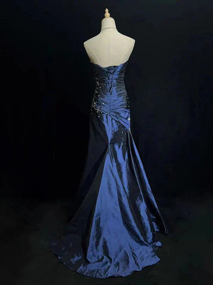 Blue Vintage Fashion Exquisite Beading Long Satin Floor Length Ball Gowns Prom Dresses