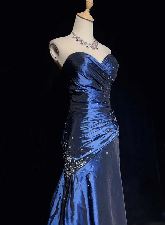 Blue Vintage Fashion Exquisite Beading Long Satin Floor Length Ball Gowns Prom Dresses