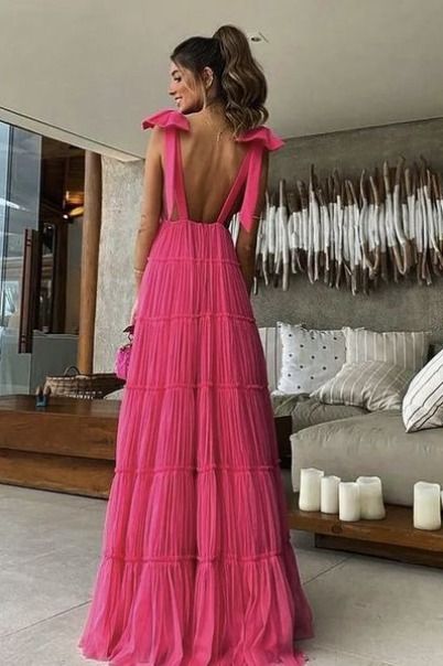 New Hot Pink Backless Long Prom Dresses V Neck Prom Gowns