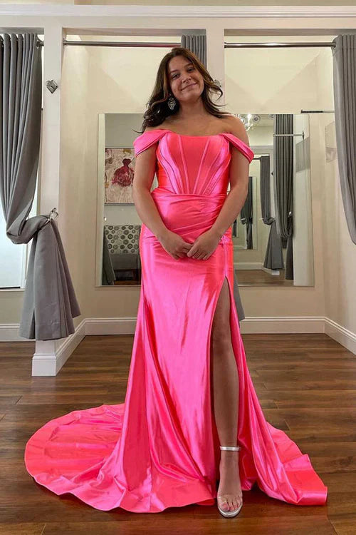 omberprom Elegant Off the Shoulder Royal Blue Prom Dress with Train