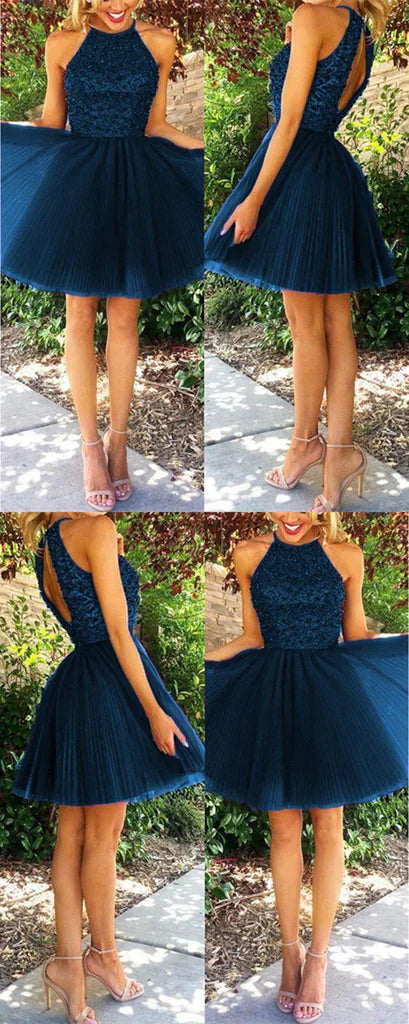 Open Back Halter Purple Beaded Homecoming Cocktail Dresses , AST1120
