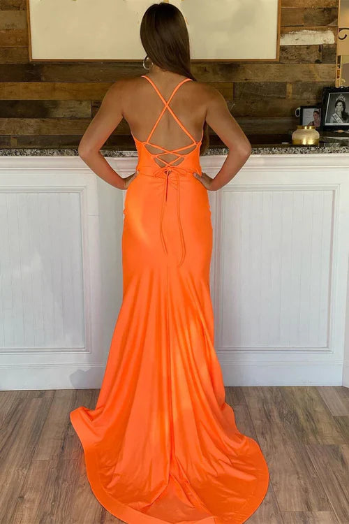 omberprom Fashion Orange Evening Dress Straps Satin Mermaid Long Prom Dress