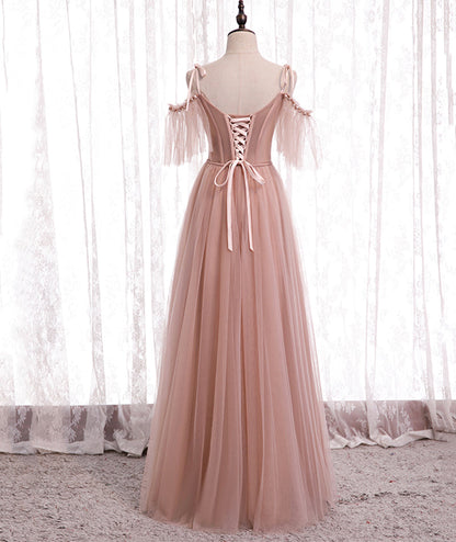 Pink Elegant A-Line Tulle Long Ball Gowns Prom Gowns Bridesmaid Dresses